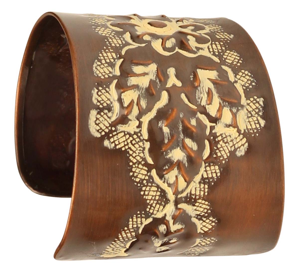 2.3” Brass Cuff Bracelet with Embossed Floral Texture - Copper with Cream Tone Hints - Chic Accessories / Jewelry / Gifts for Her - Buy in Bulk Wholesale